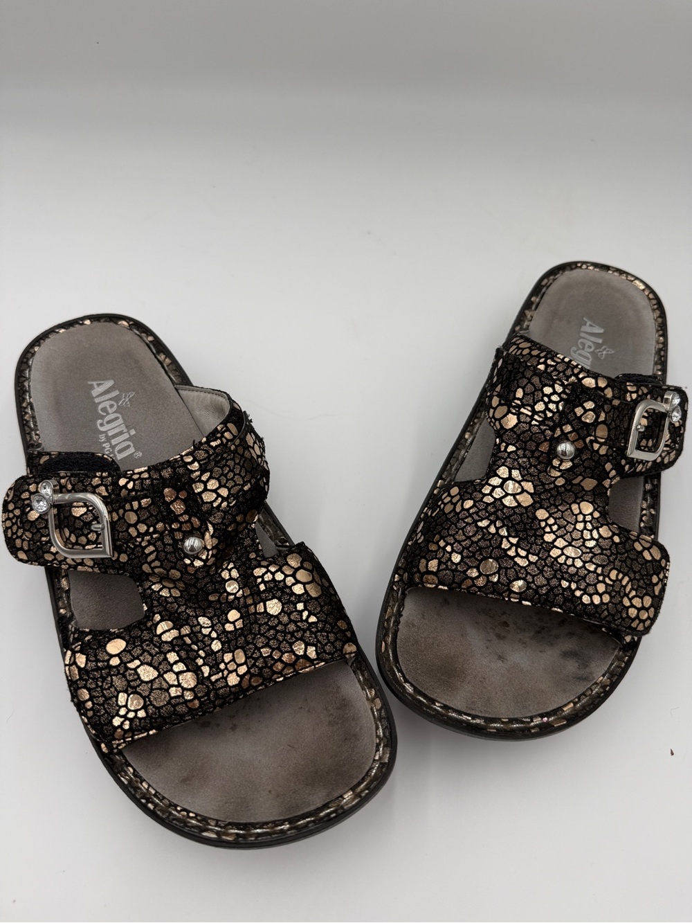 Alegria Sandals Peggy Pewter Mosaic Leather Slides Metallic Size 39/US 8.5-9